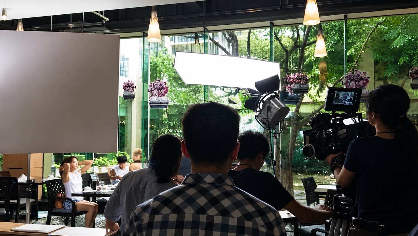 Finn Chen on set with a visible crew figure and camera setup